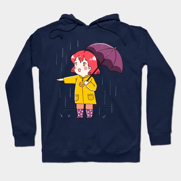 Cute Chibi Anime Girl Rainy Day Illustration Hoodie by MariOyama